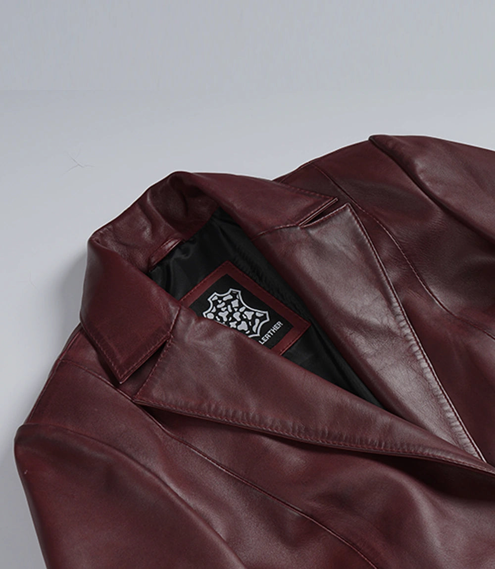 Women's Single-Button Lambskin Leather Blazer – Burgundy Wax