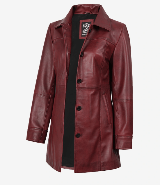 Women's Burgundy Real Leather Car Coat – 3/4 Length