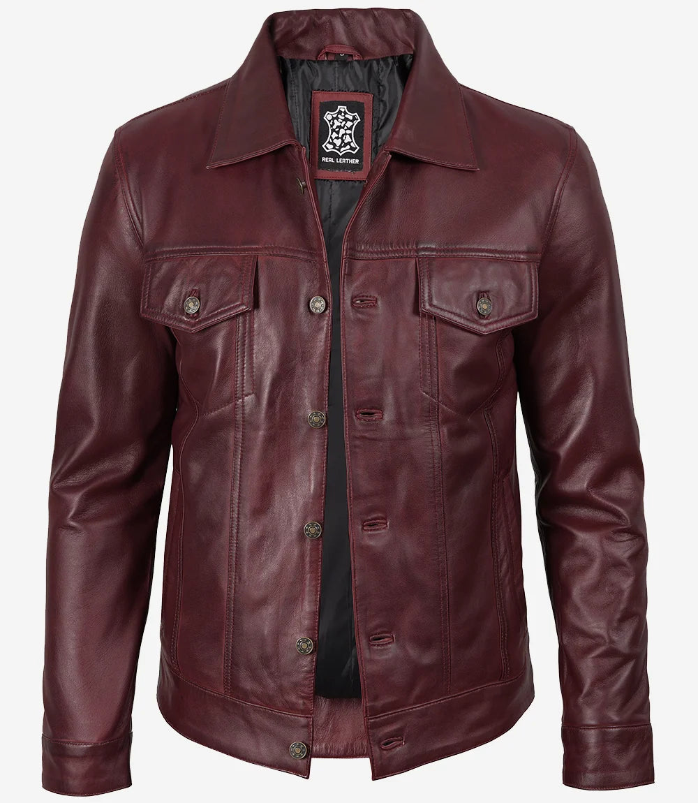 Men's Burgundy Real Leather Trucker Jacket