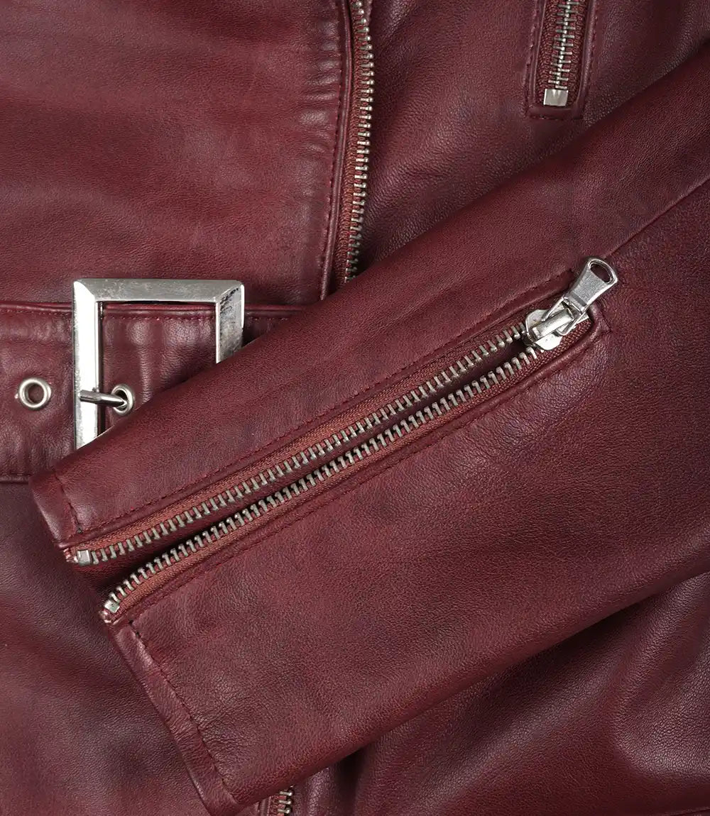 Women's Burgundy Real Leather Biker Jacket
