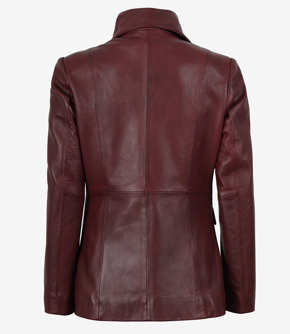 Women's Single-Button Lambskin Leather Blazer – Burgundy Wax