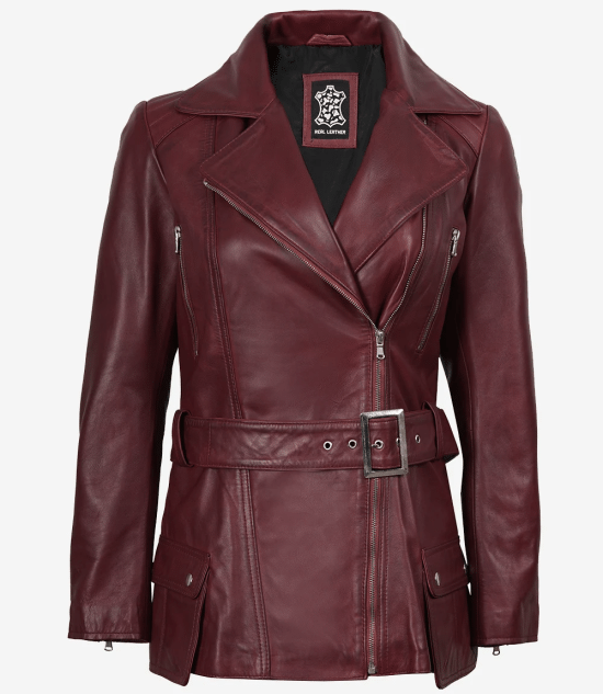Women's Burgundy Real Leather Biker Jacket