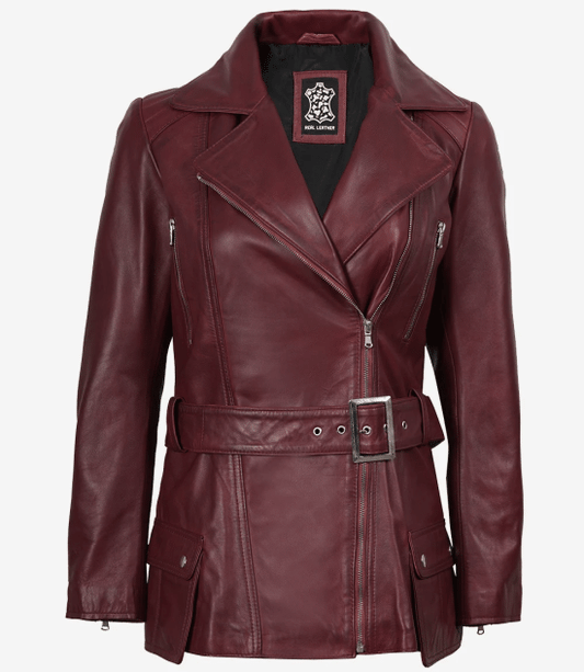Women's Burgundy Real Leather Biker Jacket