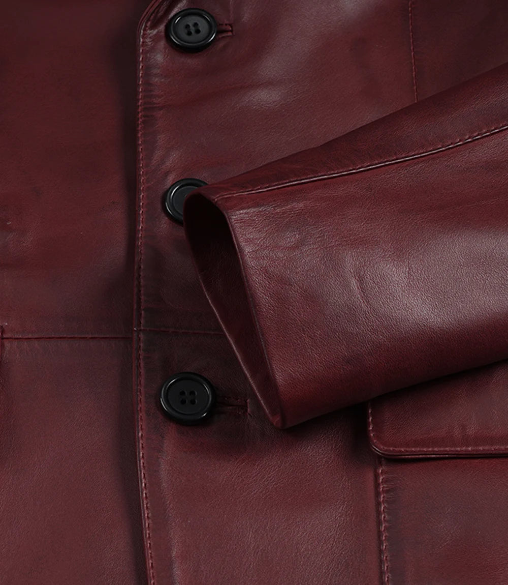 Men's Burgundy Lambskin Leather Blazer - Three Button Style