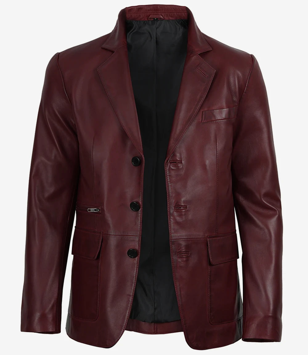 Men's Burgundy Lambskin Leather Blazer - Three Button Style