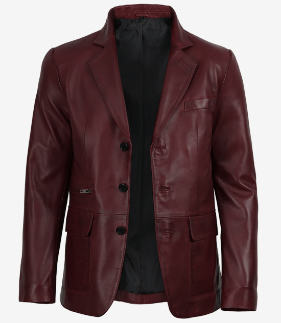Men's Burgundy Lambskin Leather Blazer - Three Button Style