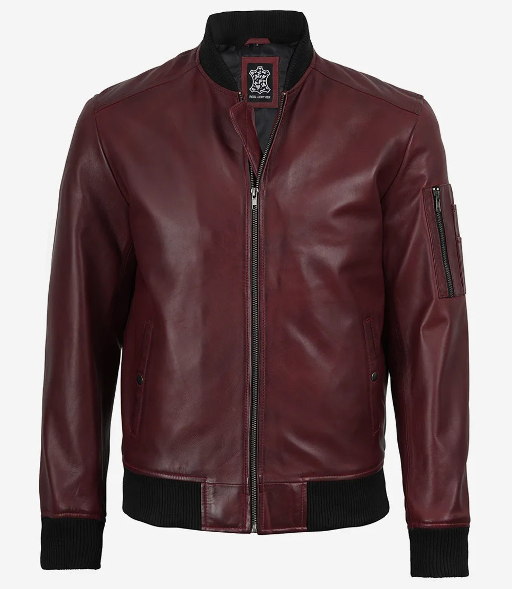 Men's Burgundy Lambskin Leather Flight Jacket - Bomber Style