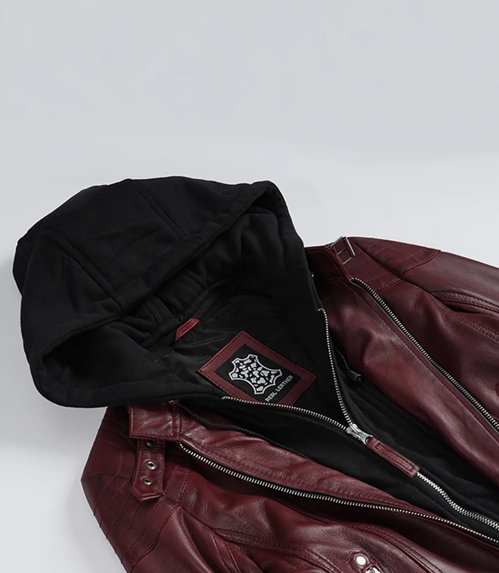 Women's Maroon Real Leather Jacket With Removable Hood