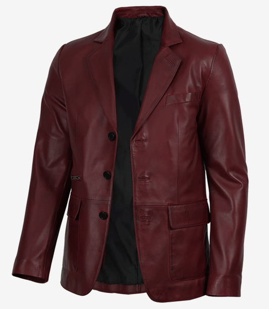 Men's Burgundy Lambskin Leather Blazer - Three Button Style