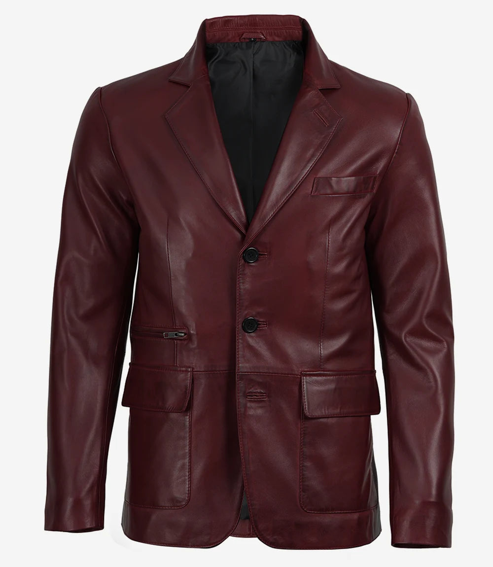 Men's Burgundy Lambskin Leather Blazer - Three Button Style