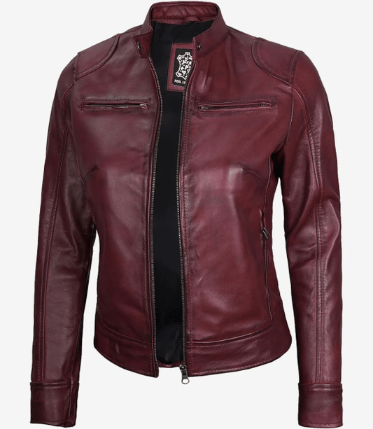 Women's Burgundy Cafe Racer Leather Jacket