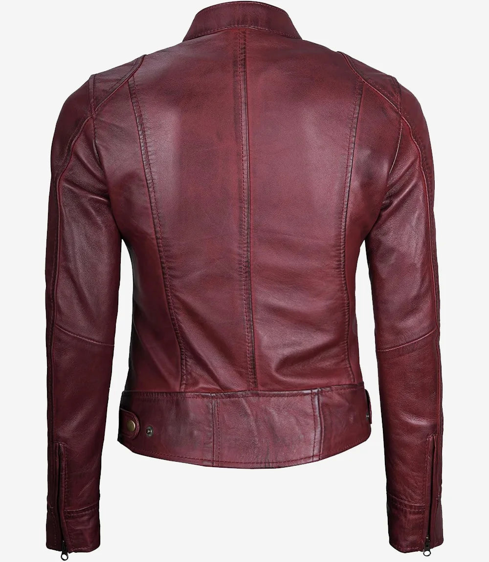 Women's Burgundy Cafe Racer Leather Jacket