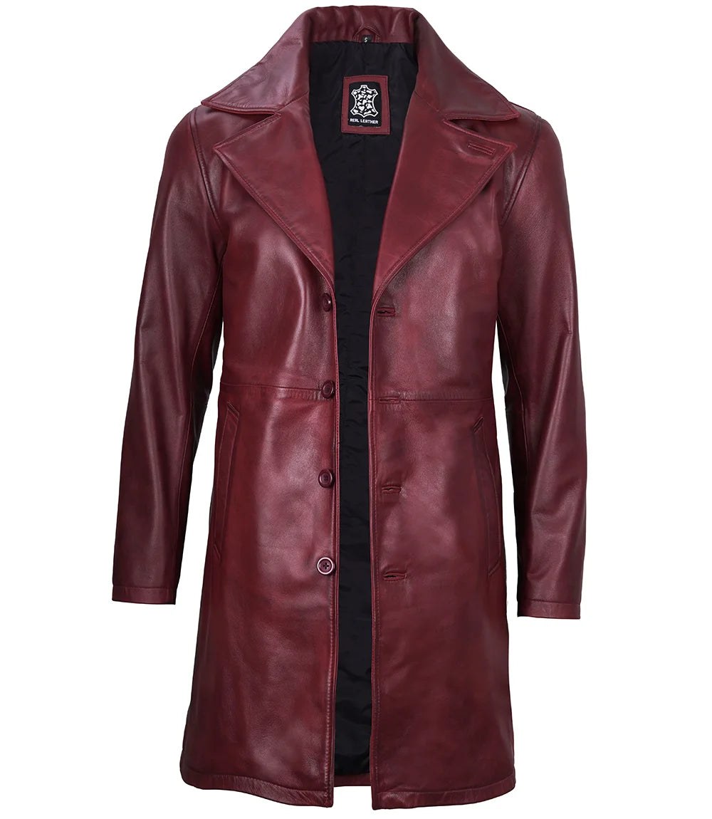 Men's Burgundy 3/4 Real Leather Car Coat