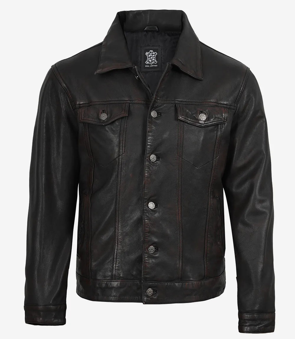 Men's Maroon Distressed Black Washed Leather Jacket - Trucker Style