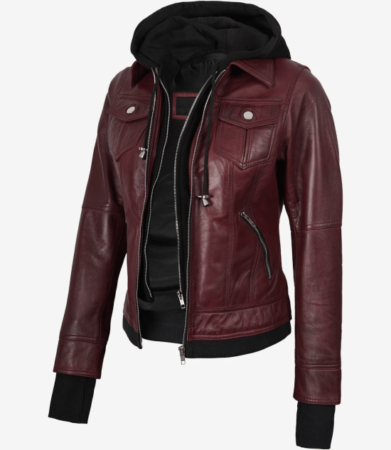 Women's Burgundy Hooded Leather Jacket