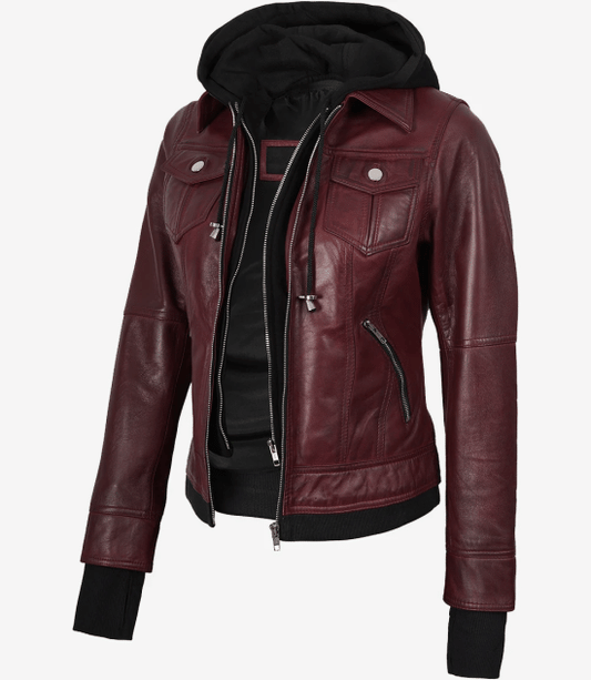 Women's Burgundy Hooded Leather Jacket