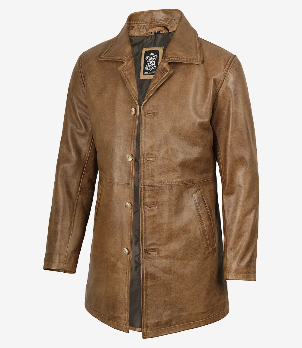 Men’s Real Leather Camel Brown 3/4 Length Car Coat