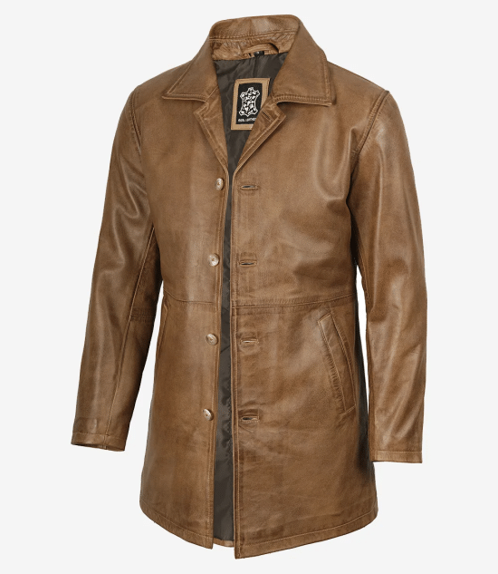 Men’s Real Leather Camel Brown 3/4 Length Car Coat