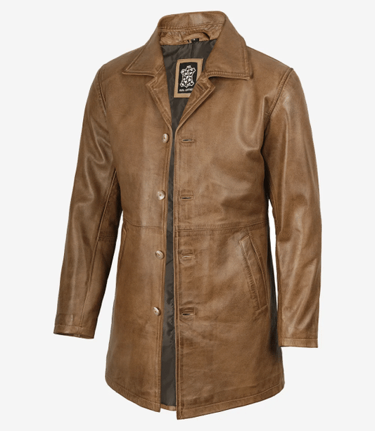 Men’s Real Leather Camel Brown 3/4 Length Car Coat