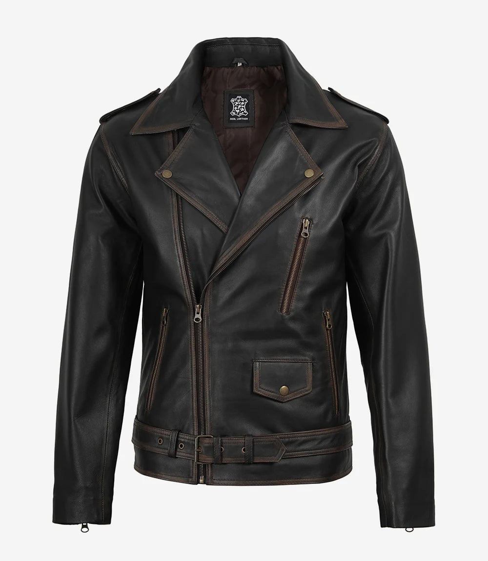 Men's Dark Brown Vintage Asymmetrical Leather Biker Jacket
