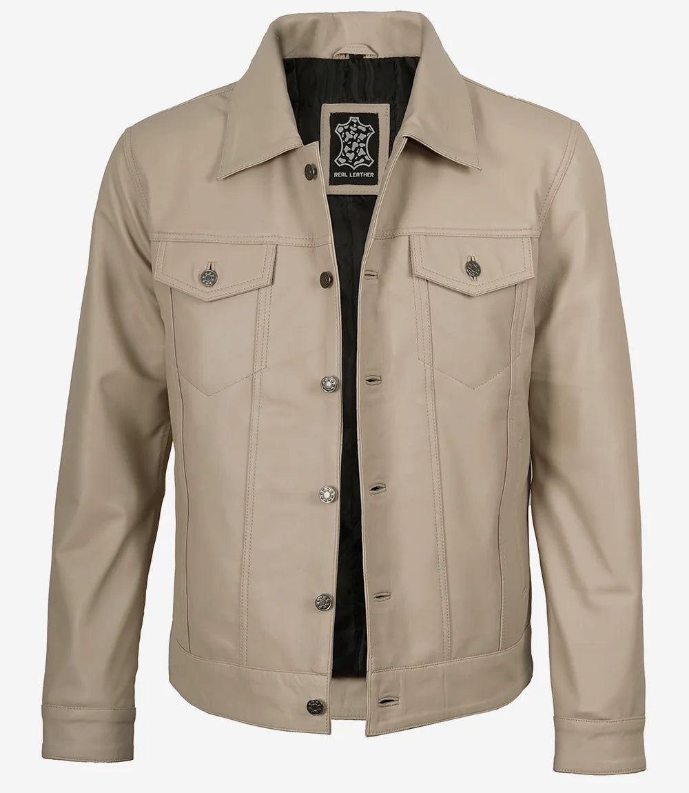 Arya Men's Beige Real Trucker Leather Jacket