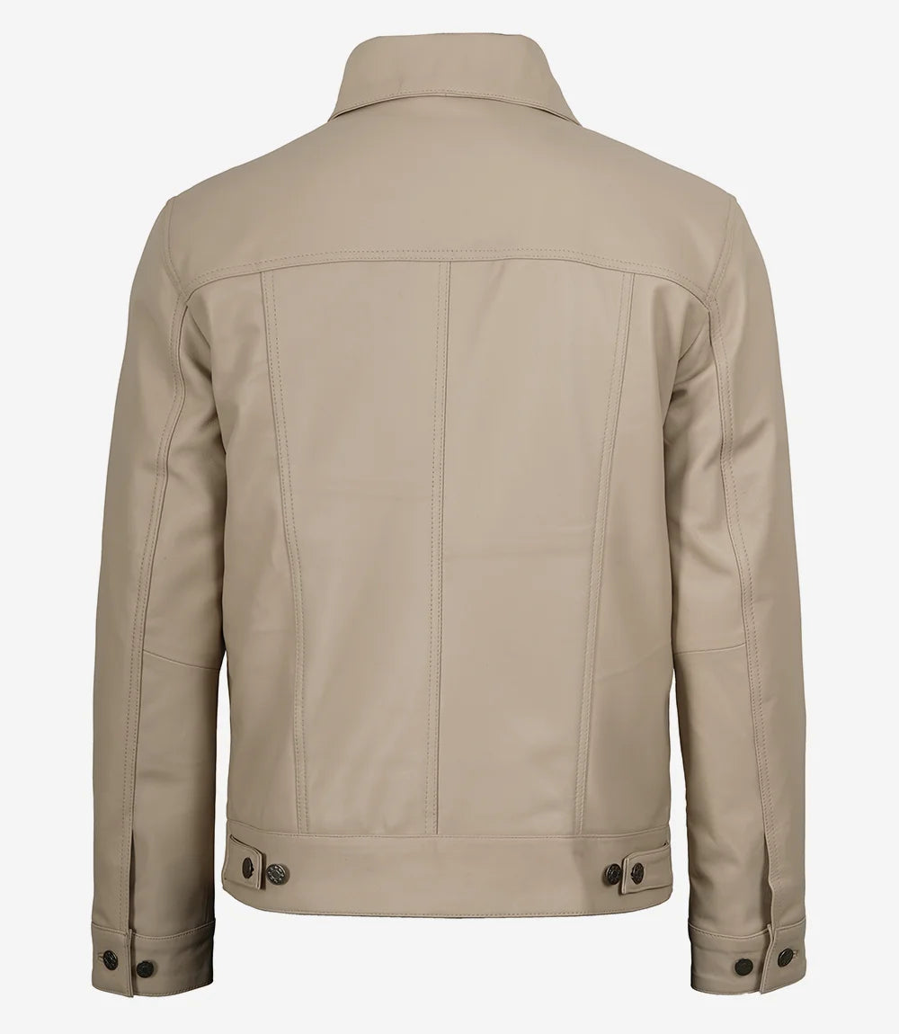 Arya Men's Beige Real Trucker Leather Jacket