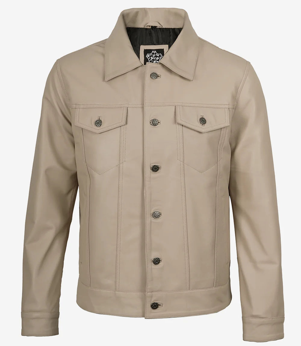 Arya Men's Beige Real Trucker Leather Jacket