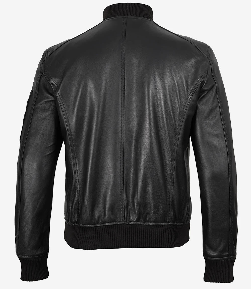 Men's Black Real Lambskin Leather Bomber Jacket