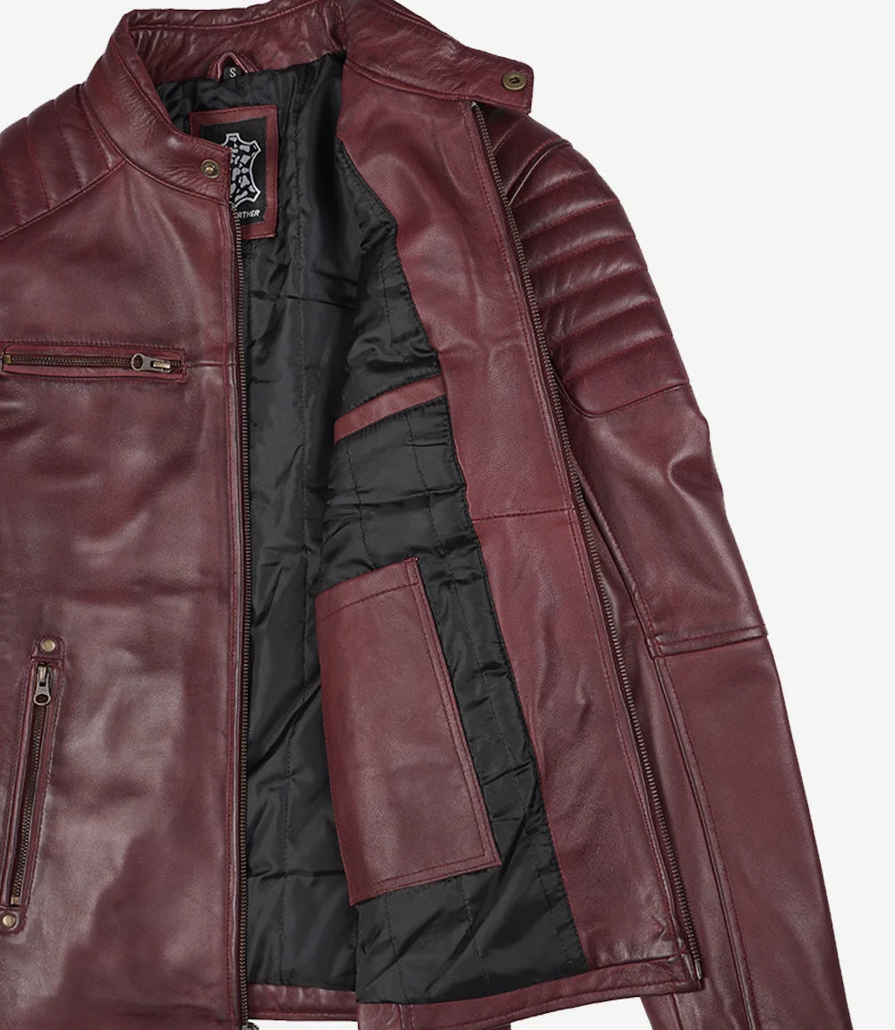 Burgundy Cafe Racer Real Leather Jacket for Men
