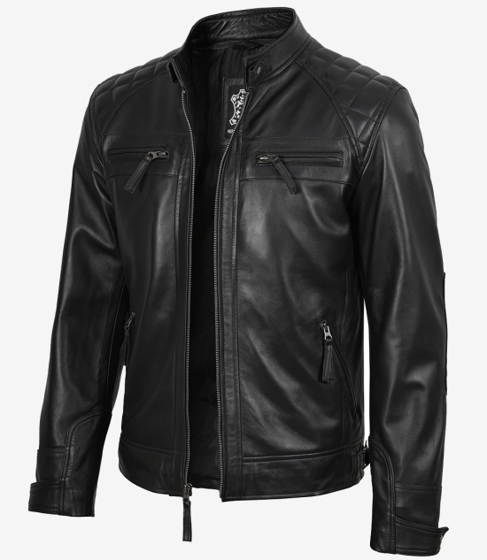 Tall Diamond / Quilted Men's Black Cafe Racer Biker Fashion Jacket