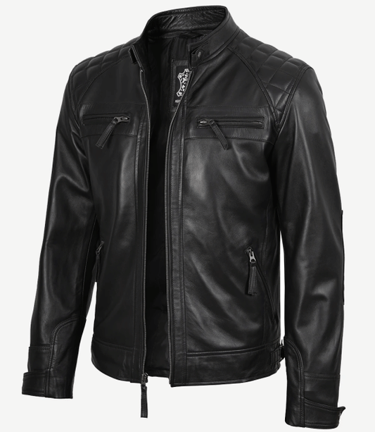Tall Diamond / Quilted Men's Black Cafe Racer Biker Fashion Jacket