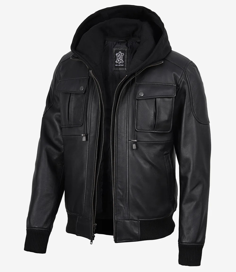 Men's Black Real Leather Bomber Jacket with Detachable Hood