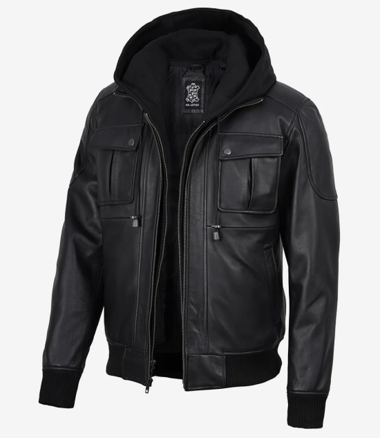 Men's Black Real Leather Bomber Jacket with Detachable Hood