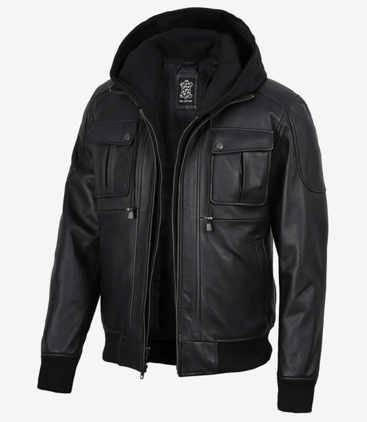 Men's Black Real Leather Bomber Jacket with Detachable Hood