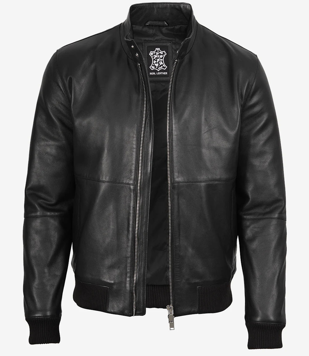 Men's Black Lambskin Leather Bomber Jacket