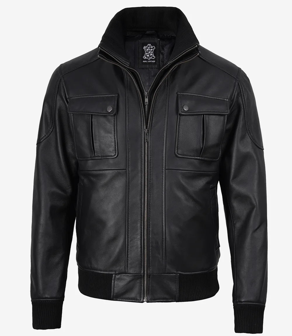 Men's Black Real Leather Bomber Jacket with Detachable Hood