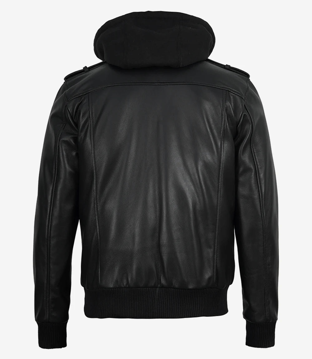 Men's Black Leather Bomber Jacket with Detachable Hood