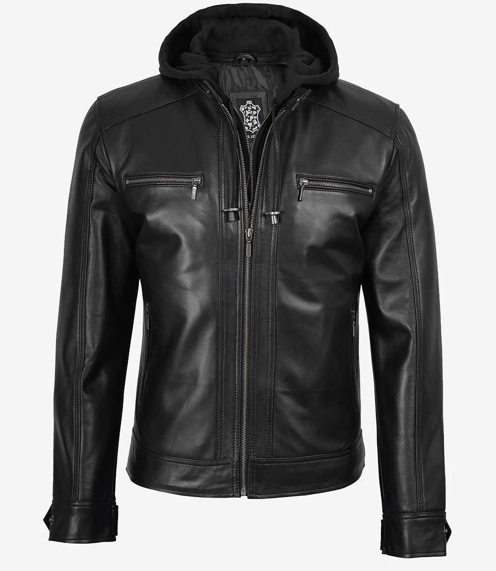 Men Black Leather Racer Jacket with Removable Hoodie