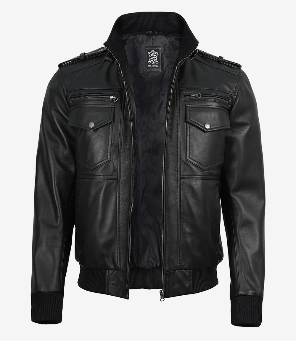Men's Black Leather Bomber Jacket with Detachable Hood