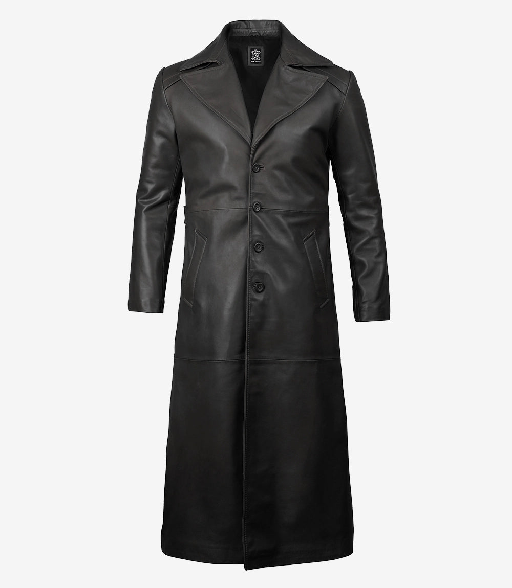 Black Men's Long Leather Duster Coat — Wide Lapel