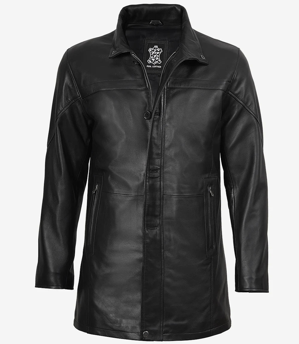 Men's Real Lambskin Black Leather Car Coat