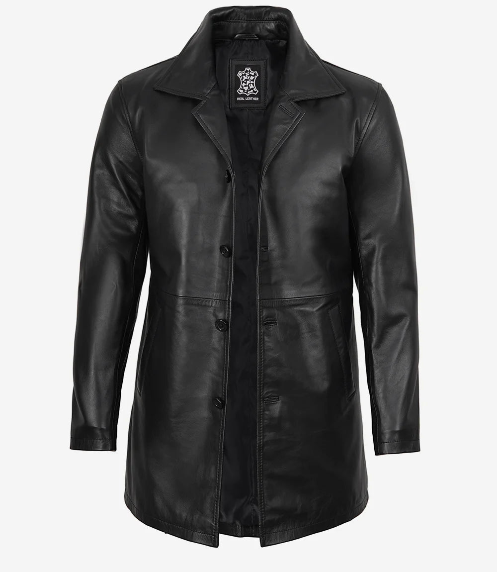 Men's Black Lambskin Leather Car Coat — 3/4 Length