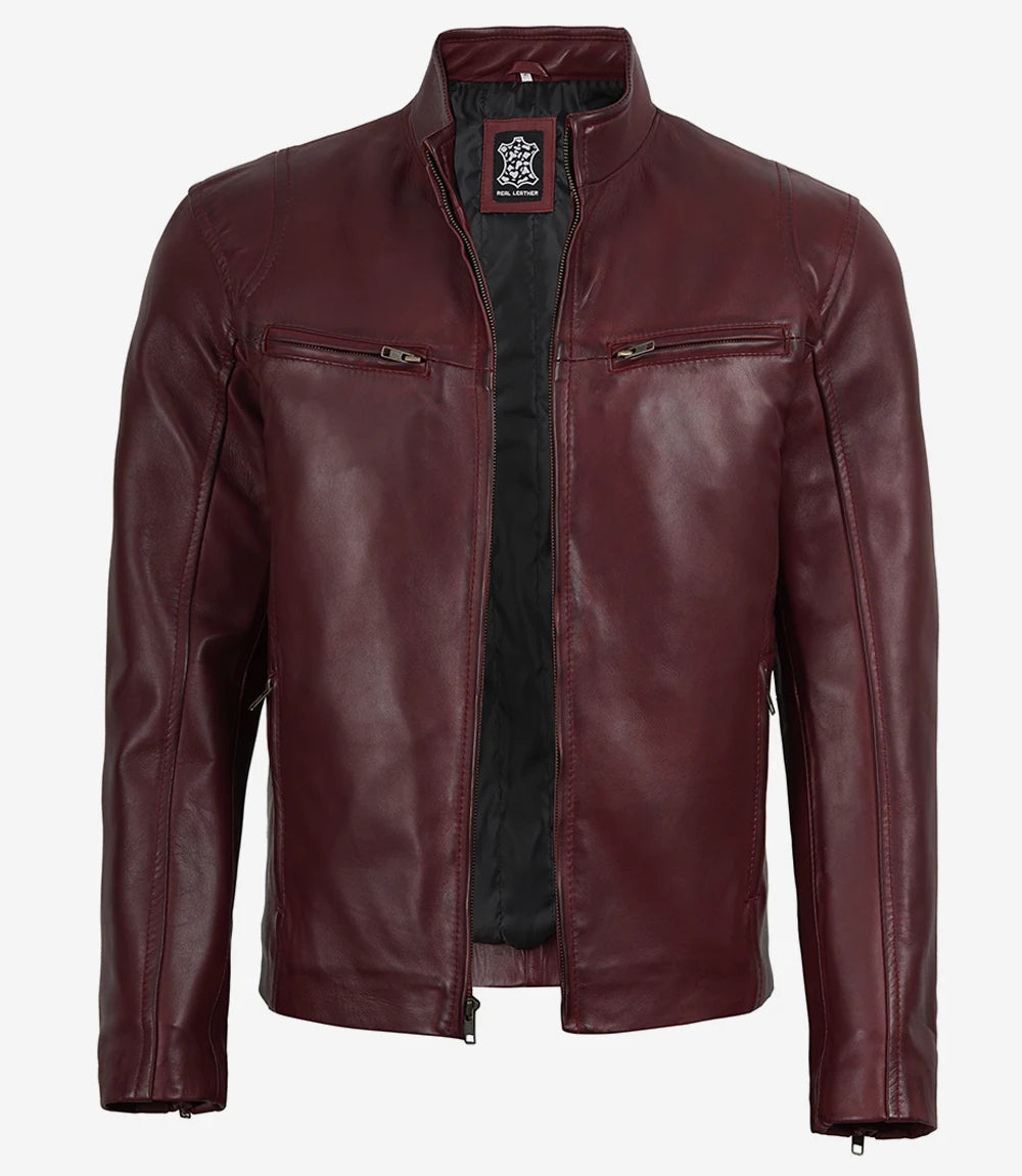 Men's Cafe Racer Burgundy Wax Leather Jacket - Moto Style