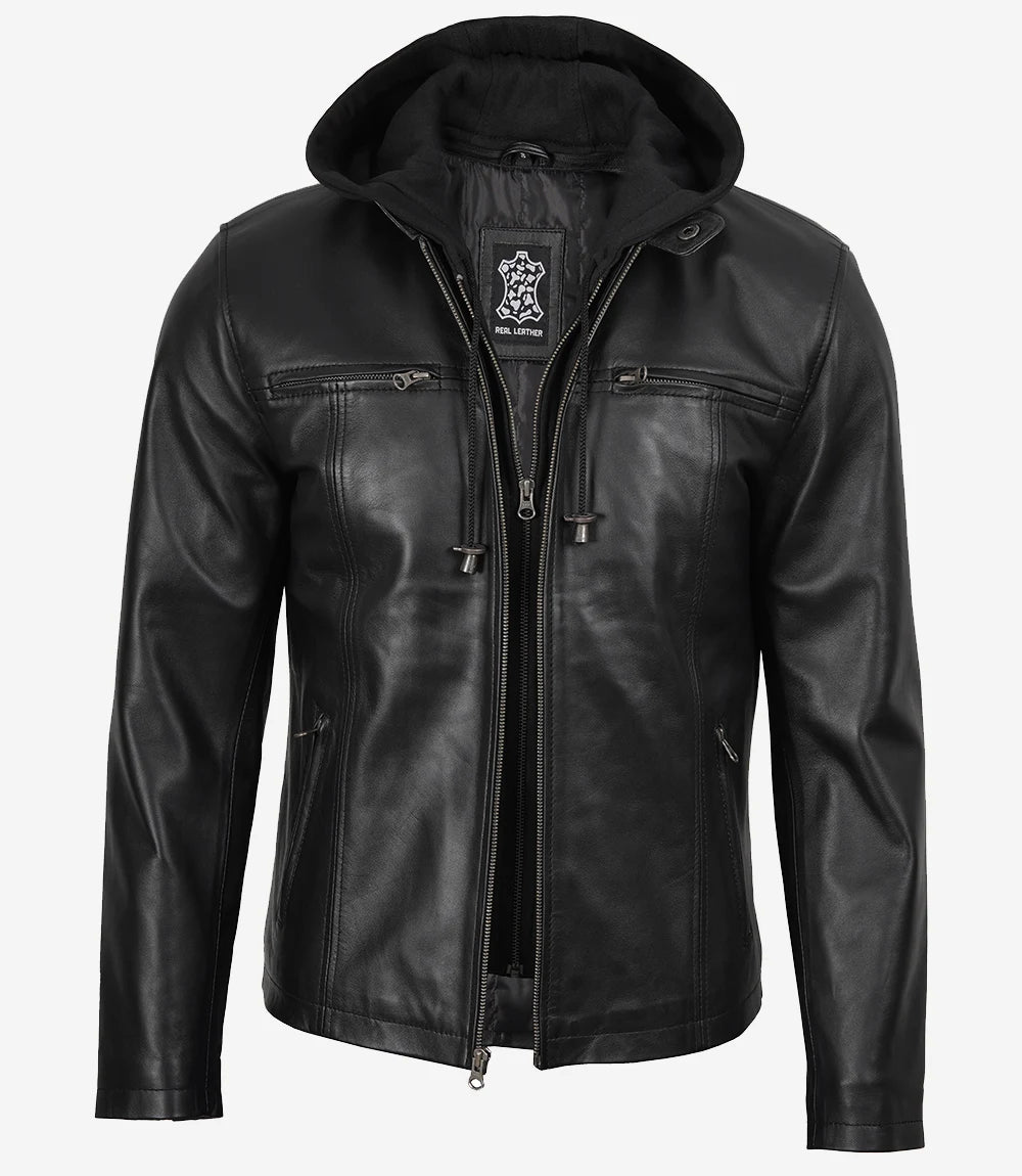 Men's Black Cafe Racer Leather Jacket with Removable Hood