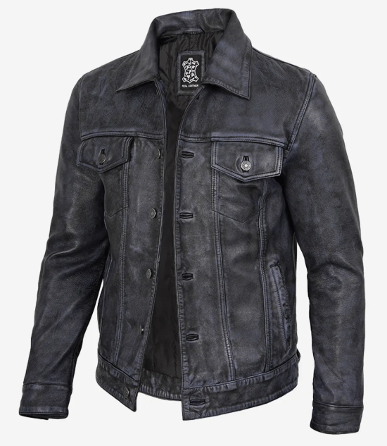 Men’s Black Real Leather Trucker Jacket | Washed Distressed Leather