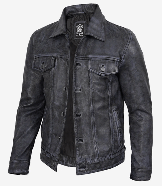 Men’s Black Real Leather Trucker Jacket | Washed Distressed Leather