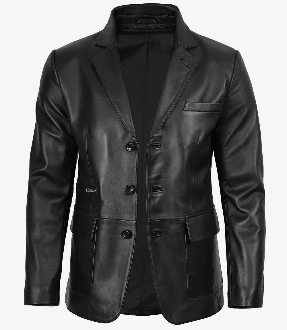 Arya Men's Black Three Button Leather Blazer