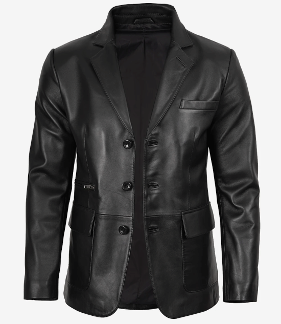 Arya Men's Black Three Button Leather Blazer