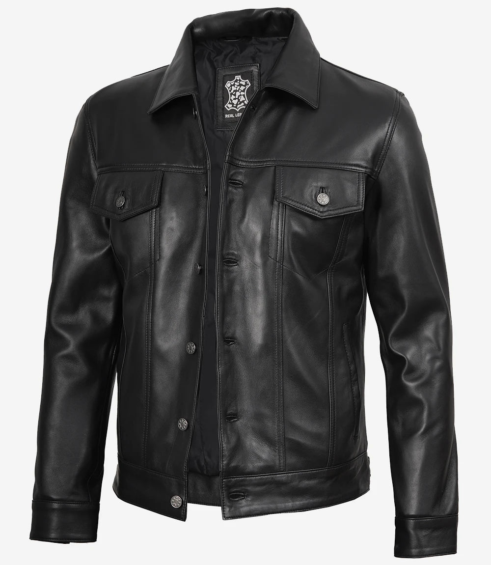 Men's Black Leather Trucker Jacket — Shirt Collar