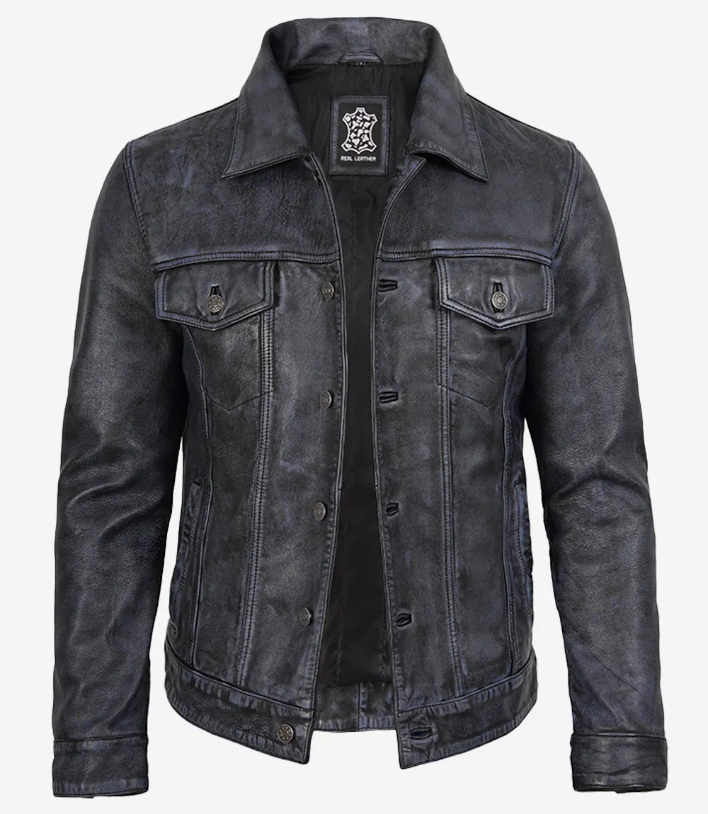 Men’s Black Real Leather Trucker Jacket | Washed Distressed Leather